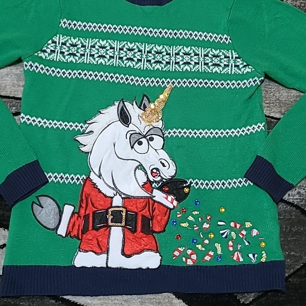 JOLLY SWEATERS EMBROIDERED UNICORN GOLD SEQUINS RHINESTONES CANDY CHRIST… - Picture 11 of 15